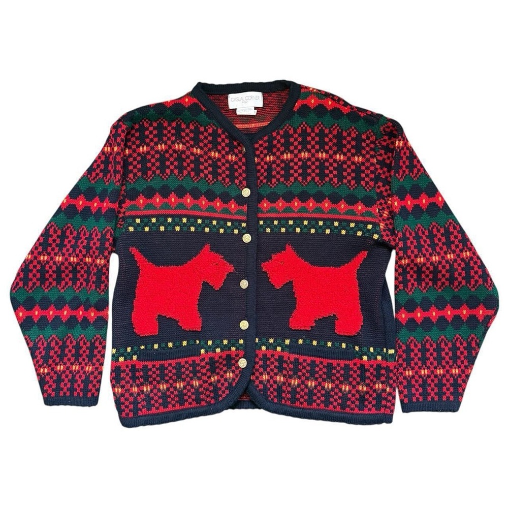 Casual Corner & Co Black Scottish Terrier Red and Green Sweater Cardigan